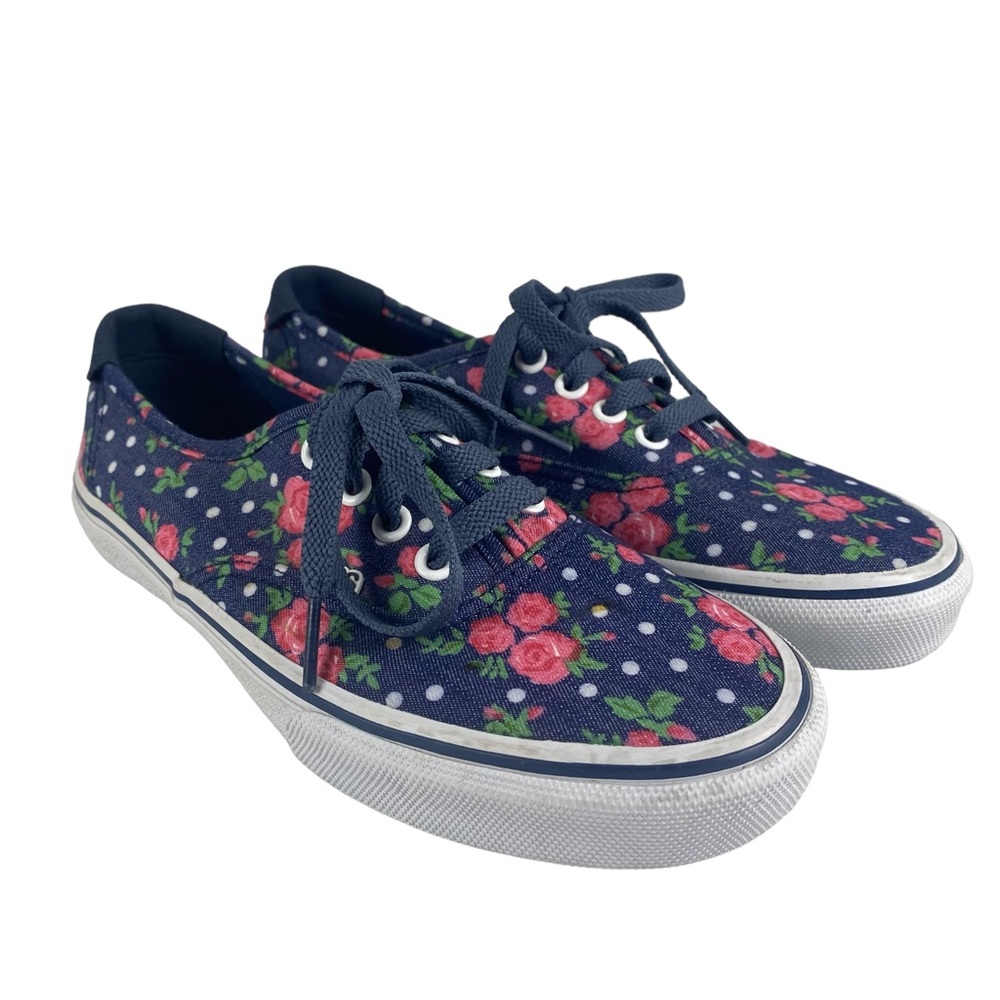 BOBS Skechers Womens Lace Up Floral Denim Blue Sneakers Size 7
